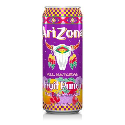 GiaxStore Arizona Fruit Punch, a purple can with a bull skull graphic, featuring a blend of tropical and classic fruits. All natural fruit juice cocktail.