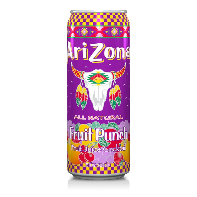 GiaxStore Arizona Fruit Punch, a purple can with a bull skull graphic, featuring a blend of tropical and classic fruits. All natural fruit juice cocktail.