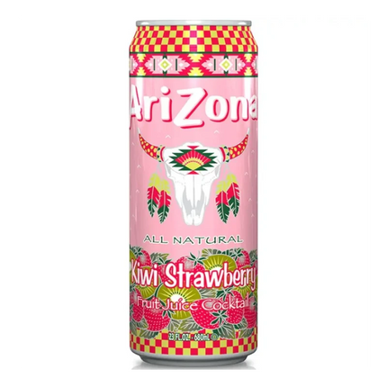 GiaxStore Arizona Kiwi Strawberry fruit juice cocktail can with a pink background, featuring a bull skull graphic and images of kiwi and strawberries.