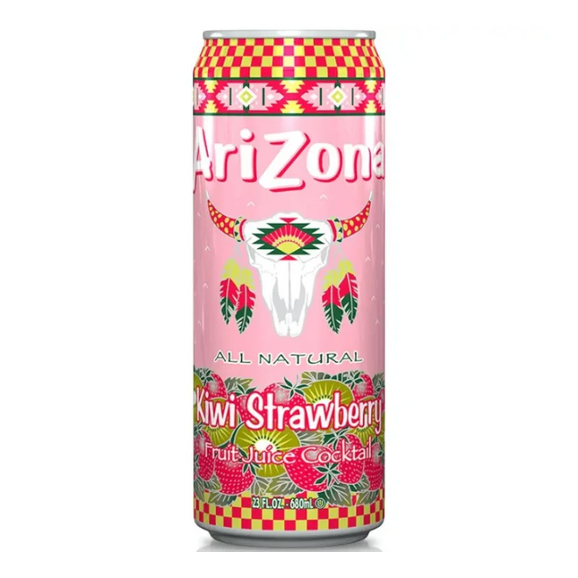 GiaxStore Arizona Kiwi Strawberry fruit juice cocktail can with a pink background, featuring a bull skull graphic and images of kiwi and strawberries.