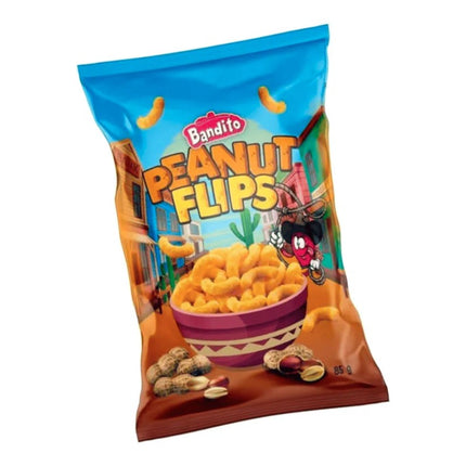 GiaxStore Bandito Peanut Flips snack bag with crunchy corn and peanut puffs, featuring a cartoon cowboy character.