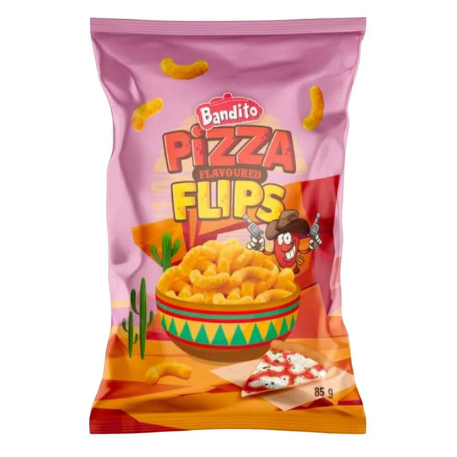 GiaxStore Bandito Pizza Flavoured Flips, spicy pizza-flavored crunchy snacks in a pink bag with a cartoon character.