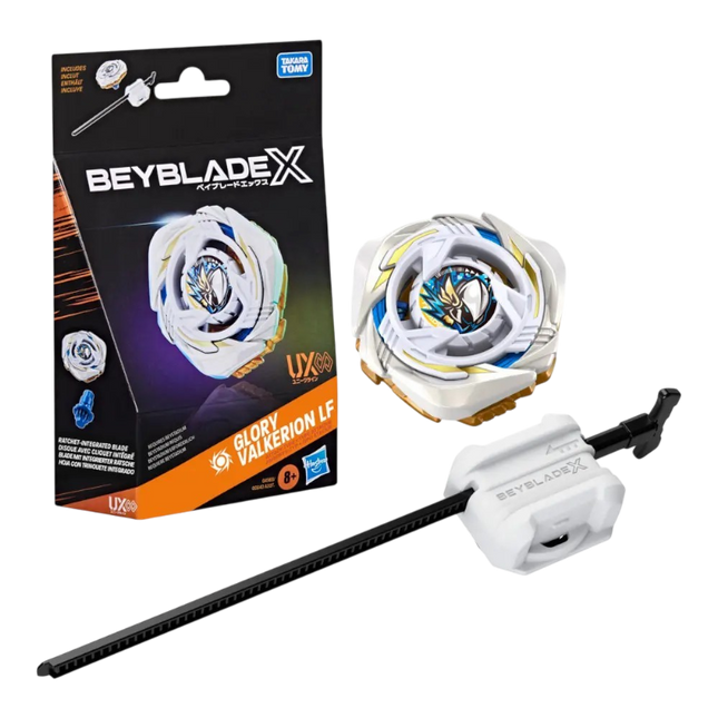 GiaxStore Beyblade X Glory Valkerion LF attack type spinning top with launcher and packaging in white and gold