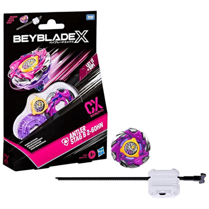 GiaxStore Beyblade X CX Antler Stag spinning top toy with purple and silver blade and white ripcord launcher