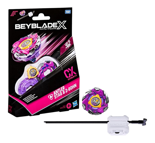 GiaxStore Beyblade X CX Antler Stag spinning top toy with purple and silver blade and white ripcord launcher