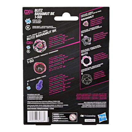 GiaxStore Hasbro Beyblade X CX Infinity Blitz Bahamut BK 1-50I starter pack packaging back view with stats