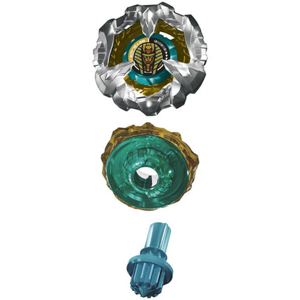 Beyblade X Cowl Sphinx 9-80GN di GiaxStore, trottola da difesa con componenti smontati in argento, oro e verde acqua.