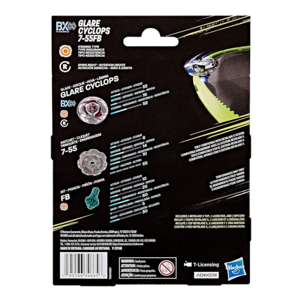 GiaxStore Beyblade X Glare Cyclops 7-55FB starter pack packaging back view showing stamina stats and components