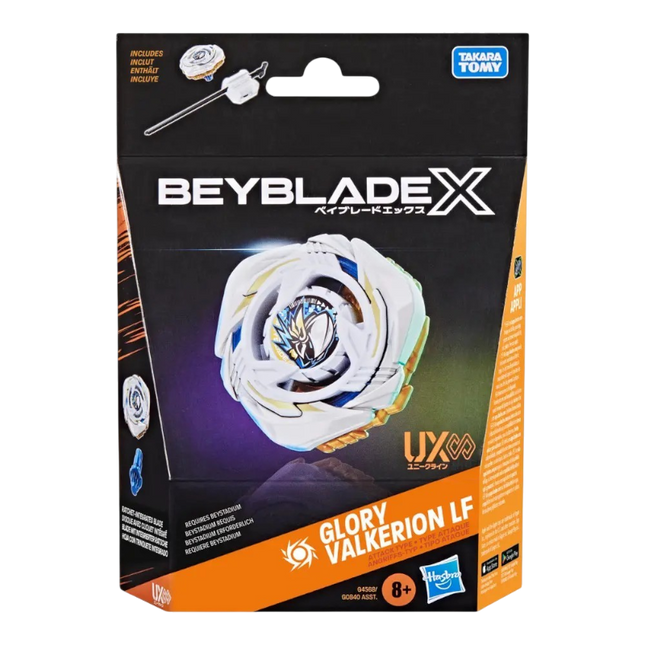 GiaxStore Beyblade X Glory Valkerion LF attack type spinning top in white, silver, and gold with launcher