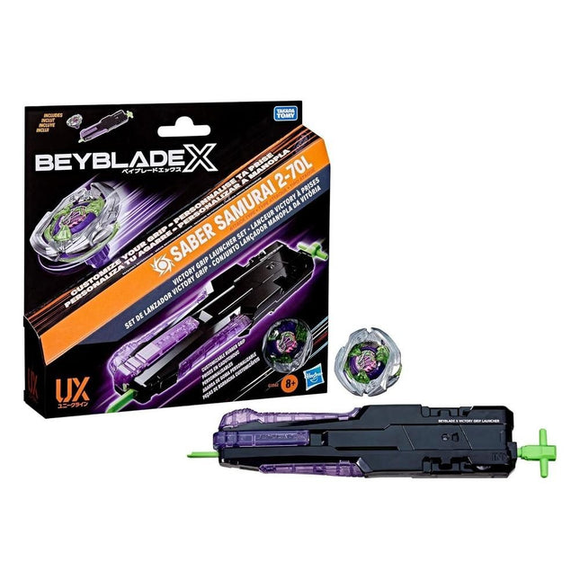 Set Beyblade X Samurai Saber 2-70L di GiaxStore con lanciatore Clip & Rip viola e verde per battaglie di attacco