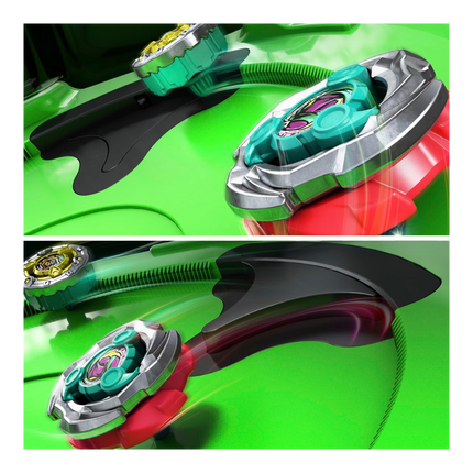 Beyblade X Sneak Attack Battle Set di GiaxStore con arena verde e due trottole UX Infinity in azione sulla guida