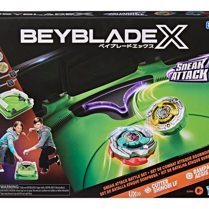Confezione del set da battaglia GiaxStore Beyblade X Sneak Attack con arena verde, Rampart Aegis e Cutter Shinobi