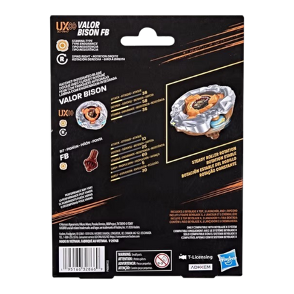 GiaxStore Beyblade X Valor Bison FB starter pack packaging back view showing stamina stats and product details