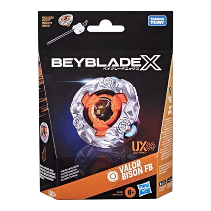 GiaxStore Beyblade X Valor Bison FB starter pack with launcher in retail packaging featuring a stamina type top