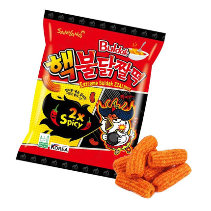 GiaxStore Samyang Zzaldduk Buldak Extreme Spicy Chips, 2x spicy Korean snack with a fiery chicken mascot.