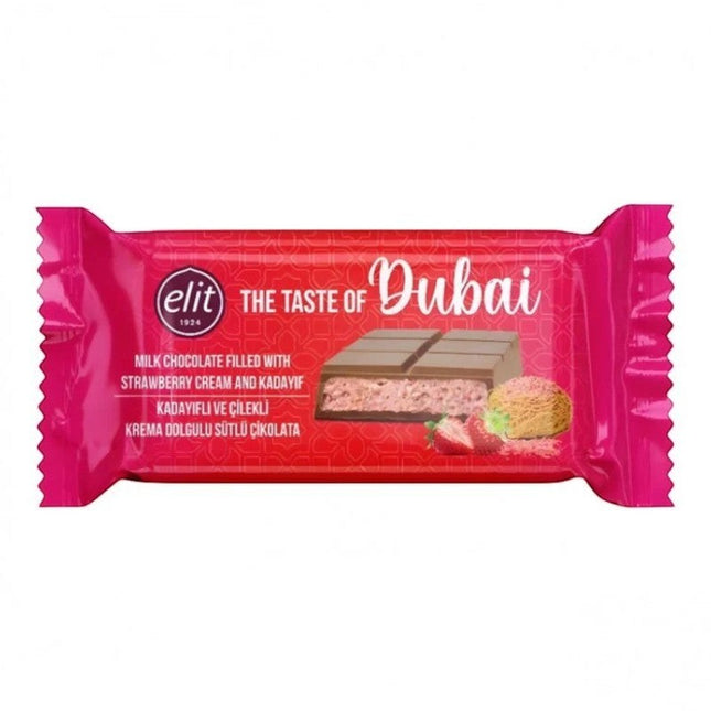 GiaxStore Dubai Chocolate bar with milk chocolate filled with strawberry cream and kadaif, featuring a cross-section of the bar and fresh strawberries.