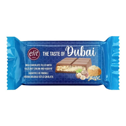 GiaxStore Dubai Chocolate bar filled with hazelnut cream and kadaif, featuring milk chocolate and crunchy textures.