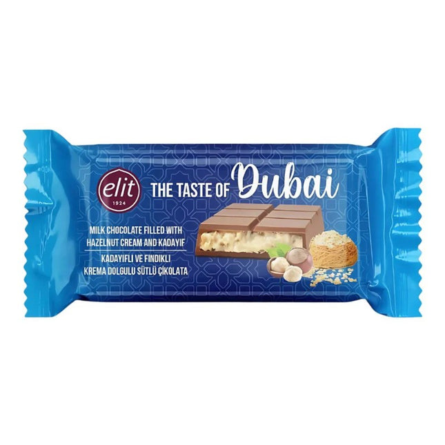 GiaxStore Dubai Chocolate bar filled with hazelnut cream and kadaif, featuring milk chocolate and crunchy textures.