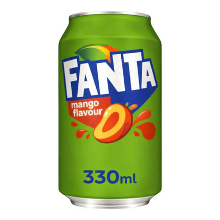 GiaxStore Fanta Mango flavour 330ml can with a slice of mango and splashes of juice.