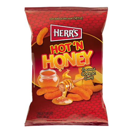 GiaxStore Herr's Hot 'n Honey Flavored Cheese Curls, oven-baked corn snacks with a sweet and savory honey cheese flavor.