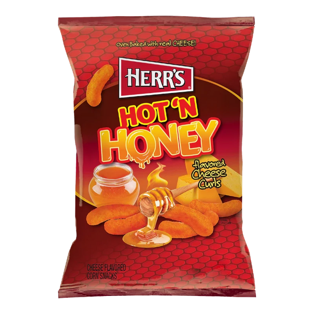 GiaxStore Herr's Hot 'n Honey Flavored Cheese Curls, oven-baked corn snacks with a sweet and savory honey cheese flavor.