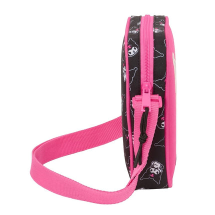 GiaxStore Kuromi mini shoulder bag in black with pink trim and strap, featuring a repeating Kuromi pattern.