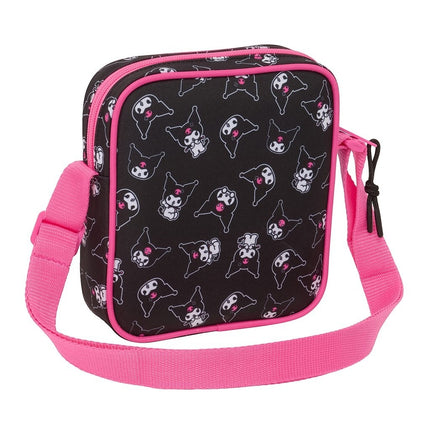 GiaxStore Kuromi mini shoulder bag in black with all-over print and pink trim and strap. Features adjustable strap.