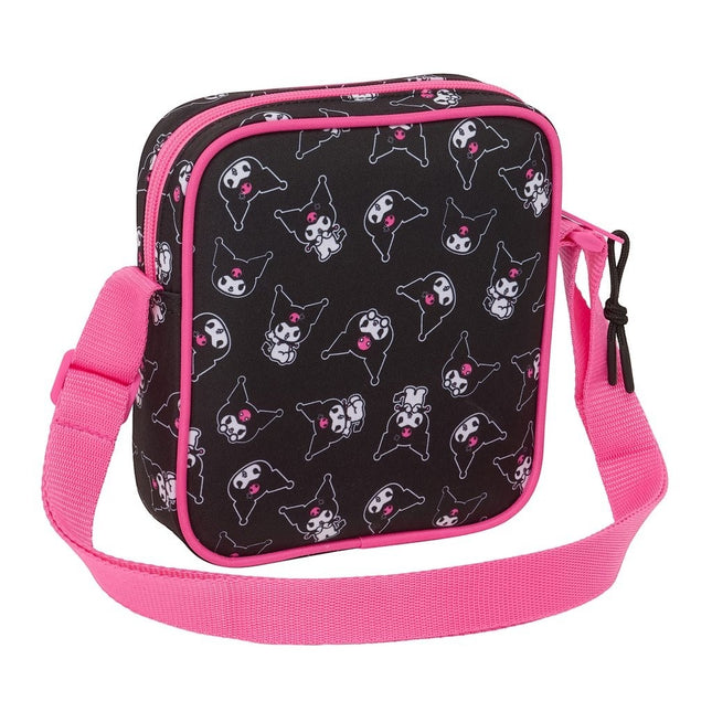 GiaxStore Kuromi mini shoulder bag in black with all-over print and pink trim and strap. Features adjustable strap.