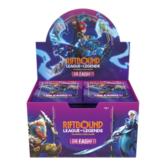 GiaxStore Booster Display Riftbound: League of Legends TCG – Unleashed, con artwork di personaggi iconici e logo colorato.