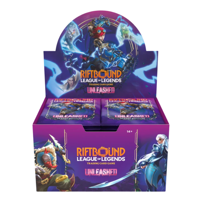 GiaxStore Booster Display Riftbound: League of Legends TCG – Unleashed, con artwork di personaggi iconici e logo colorato.