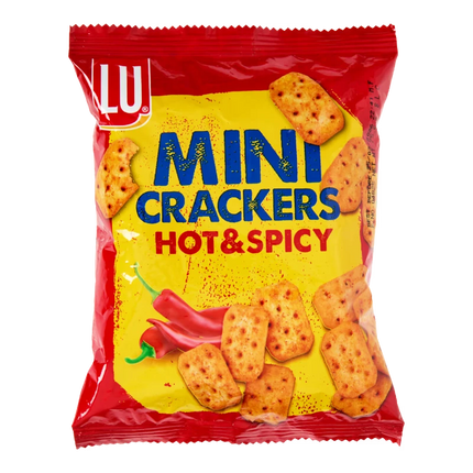 GiaxStore LU Mini Crackers Hot & Spicy, small rectangular crackers with visible chili flakes and red chili peppers.