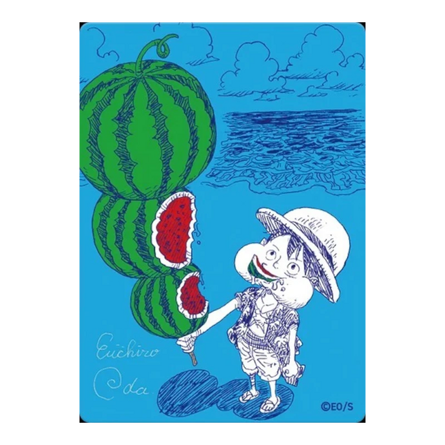 GiaxStore One Piece Luffy Watermelon NatsuComi 2026 MetaKira promo card with Eiichiro Oda illustration