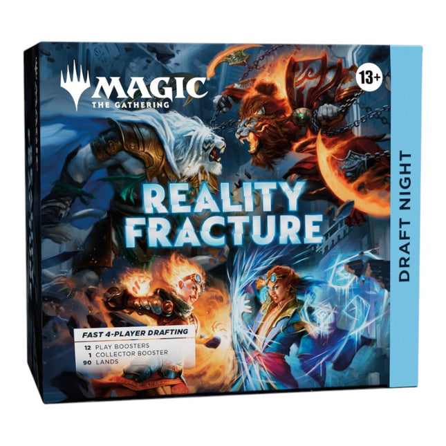 GiaxStore Magic The Gathering Reality Fracture Draft Night box, featuring characters battling with elemental magic. Includes 12 Play Boosters, 1 Collector Booster, and 90 lands.