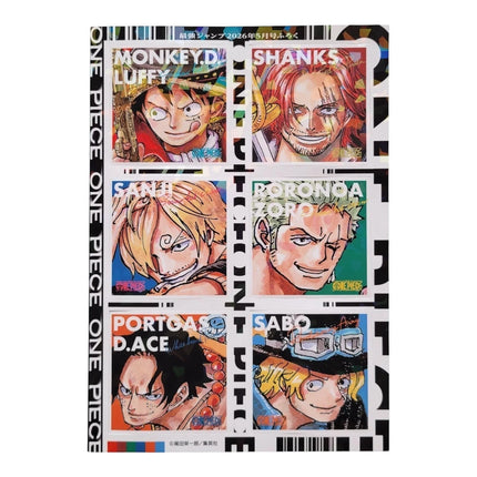 Set di adesivi olografici One Piece inclusi nel GiaxStore Saikyo Jump All Star Schedule Book 2026 con i personaggi Luffy, Shanks, Sanji, Zoro, Ace e Sabo.