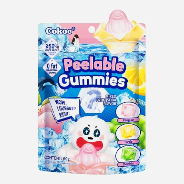 GiaxStore Cokoc Peelable Gummies, mixed fruit soda flavor, 3D animal shapes including penguin, turtle, and dolphin. Fun, peelable candy.