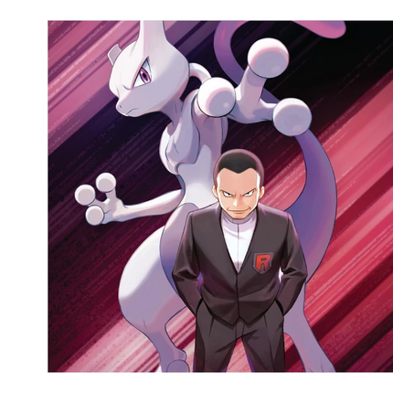 GiaxStore Pokémon GCC Mewtwo-ex Team Rocket collection art featuring Mewtwo and Giovanni in a suit.