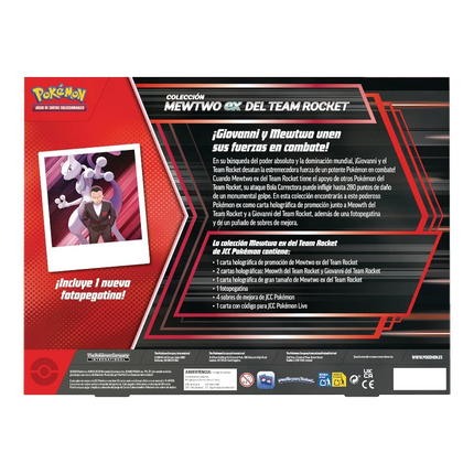 GiaxStore Pokémon GCC Team Rocket Mewtwo-ex Collection box featuring Mewtwo-ex and Giovanni. Includes promo cards, stickers, booster packs, and code card.