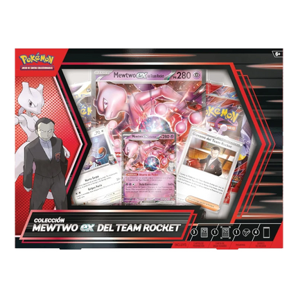 GiaxStore Pokémon TCG Mewtwo-ex Team Rocket Collection box featuring Mewtwo-ex, Giovanni, Meowth cards, sticker, and booster packs.