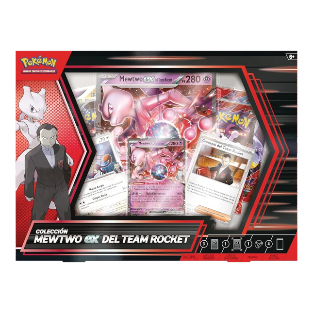 GiaxStore Pokémon TCG Mewtwo-ex Team Rocket Collection box featuring Mewtwo-ex, Giovanni, Meowth cards, sticker, and booster packs.