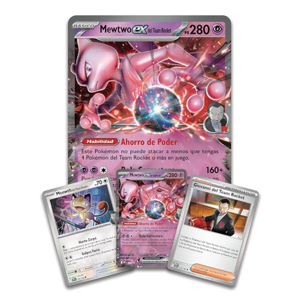 GiaxStore Pokémon TCG Mewtwo-ex Team Rocket Collection featuring Mewtwo-ex, Meowth, and Giovanni cards.