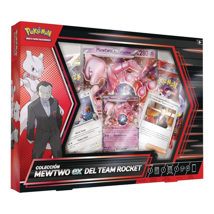 GiaxStore Pokémon TCG Team Rocket Mewtwo-ex Collection box featuring Mewtwo, Giovanni, and various Pokémon cards.