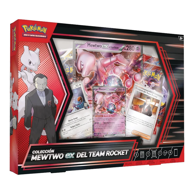 GiaxStore Pokémon TCG Team Rocket Mewtwo-ex Collection box featuring Mewtwo, Giovanni, and various Pokémon cards.