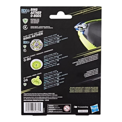 GiaxStore Beyblade X Ring Aether 0-80DS defense type starter pack packaging back view with stats and components