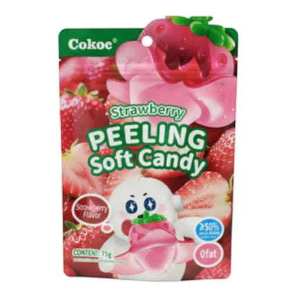 GiaxStore Cokoc Strawberry Peeling Soft Candy pouch with cartoon character holding a strawberry gummy. Features real strawberries and text.