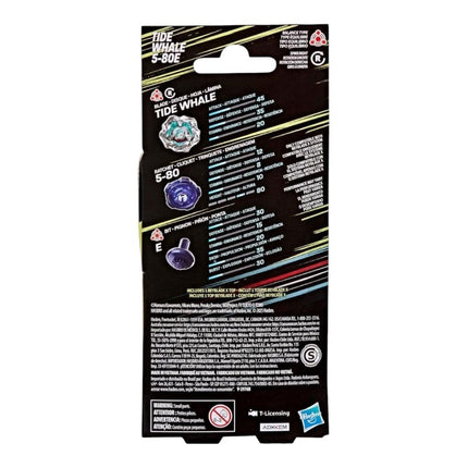GiaxStore TAKARA TOMY Beyblade X Tide Whale 5-80E packaging back showing performance stats and component details