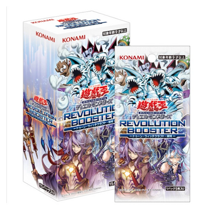 GiaxStore Yu-Gi-Oh! OCG Revolution Booster box and pack featuring Toon, Witchcrafter, and Unchained archetypes in Japanese.