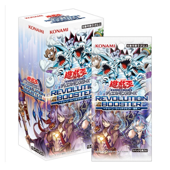 GiaxStore Yu-Gi-Oh! OCG Revolution Booster box and pack featuring Toon, Witchcrafter, and Unchained archetypes in Japanese.